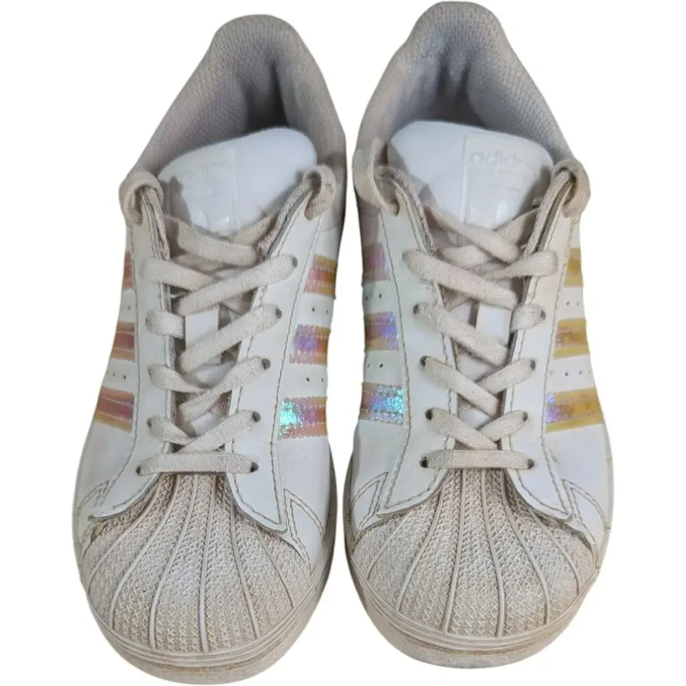 Adidas Girls Superstar Shoes White Size 13K fv3147 Iridiscente Shiny Stripes
